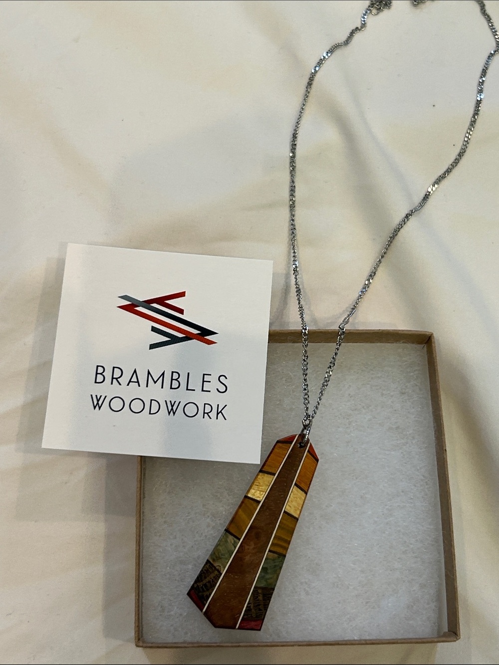 Brambles Woodwork Geometric Inlay Pendant Necklace new with tags